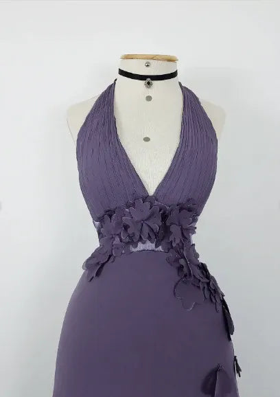 Pretty A-Line Halter Floral Tiered Ruffle Chiffon Dusty Purple Long Prom Dress