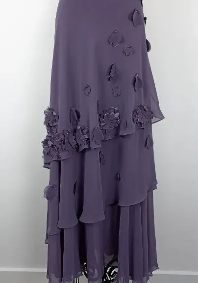 Pretty A-Line Halter Floral Tiered Ruffle Chiffon Dusty Purple Long Prom Dress