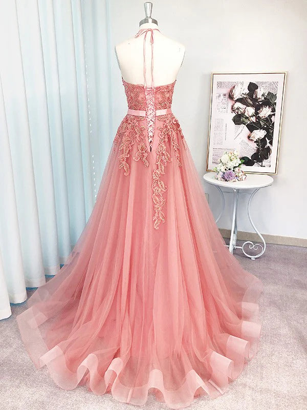Pretty A-Line Halter Sleeveless Applique Tulle Pink Long Prom Dress