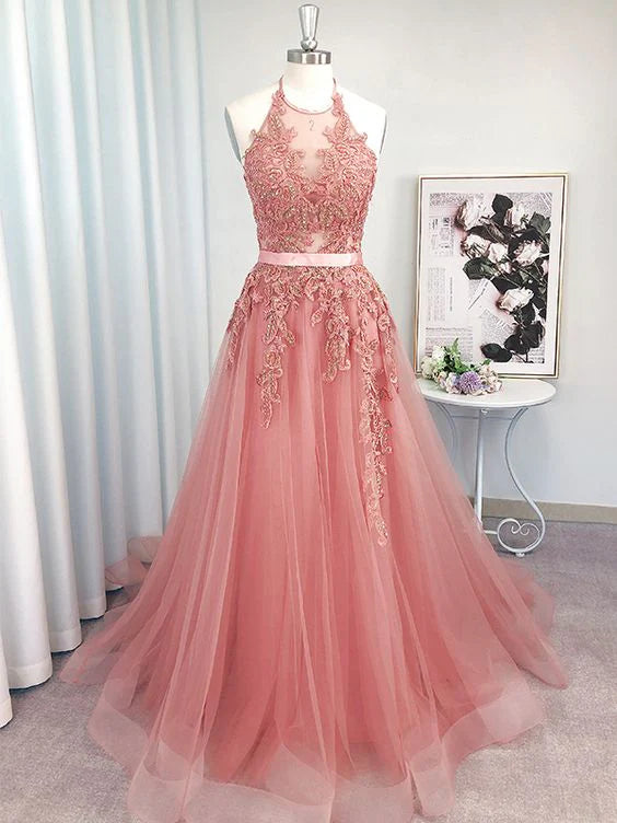 Pretty A-Line Halter Sleeveless Applique Tulle Pink Long Prom Dress
