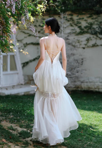 Pretty A-Line Spaghetti Straps Tulle White Long Prom Dress Evening Dress