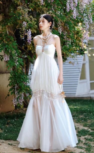 Pretty A-Line Spaghetti Straps Tulle White Long Prom Dress Evening Dress