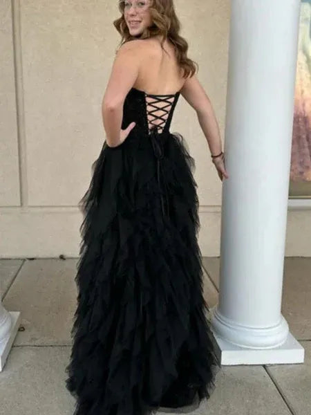 Pretty A-Line Strapless Ruffle Lace Black Maxi Prom Dress With High Slit