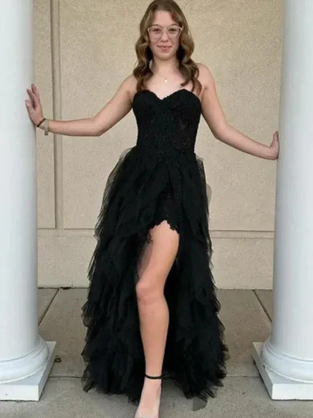 Pretty A-Line Strapless Ruffle Lace Black Maxi Prom Dress With High Slit