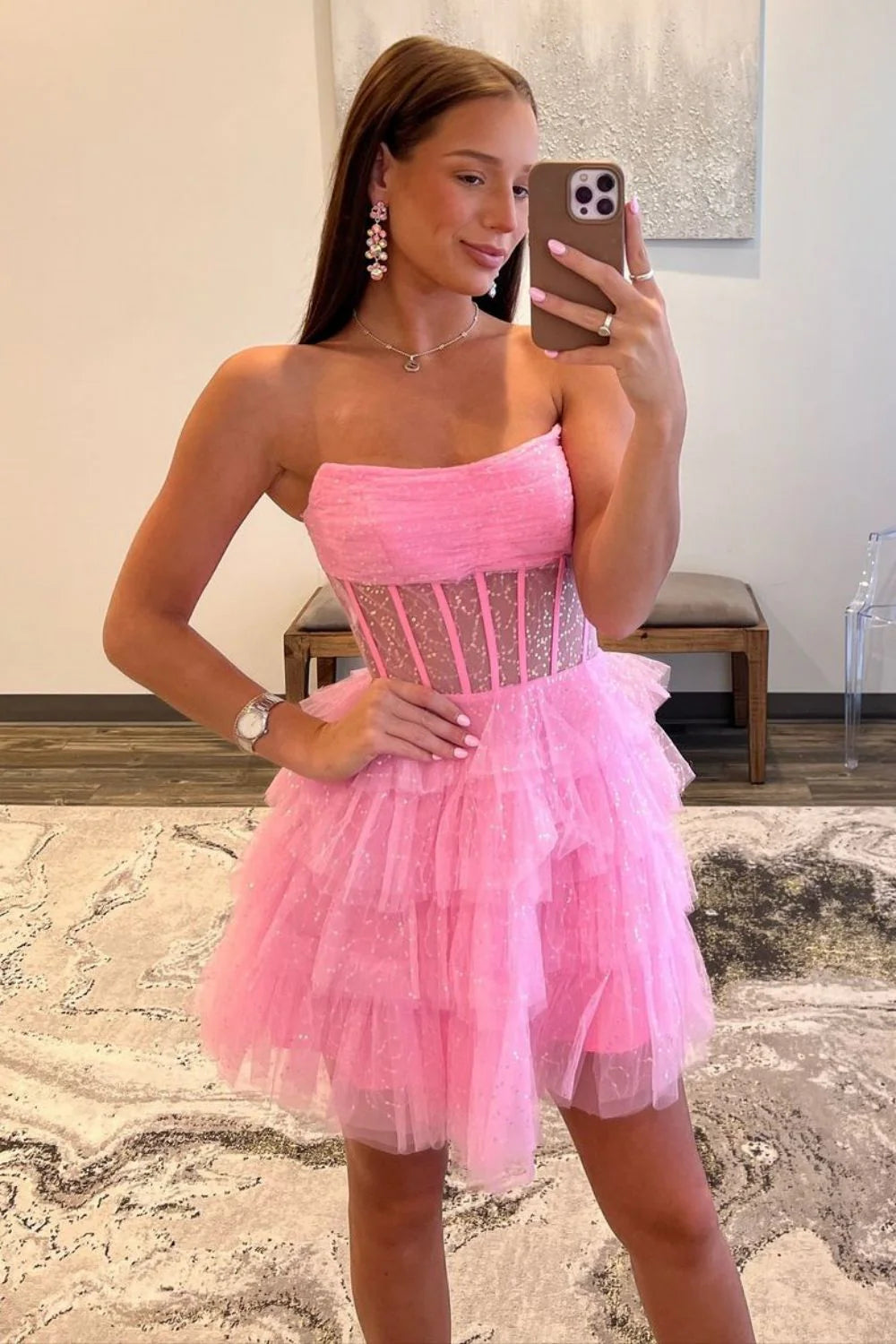 Pretty A-Line Strapless Sequins Tiered Tulle Pink Short Homecoming Dress