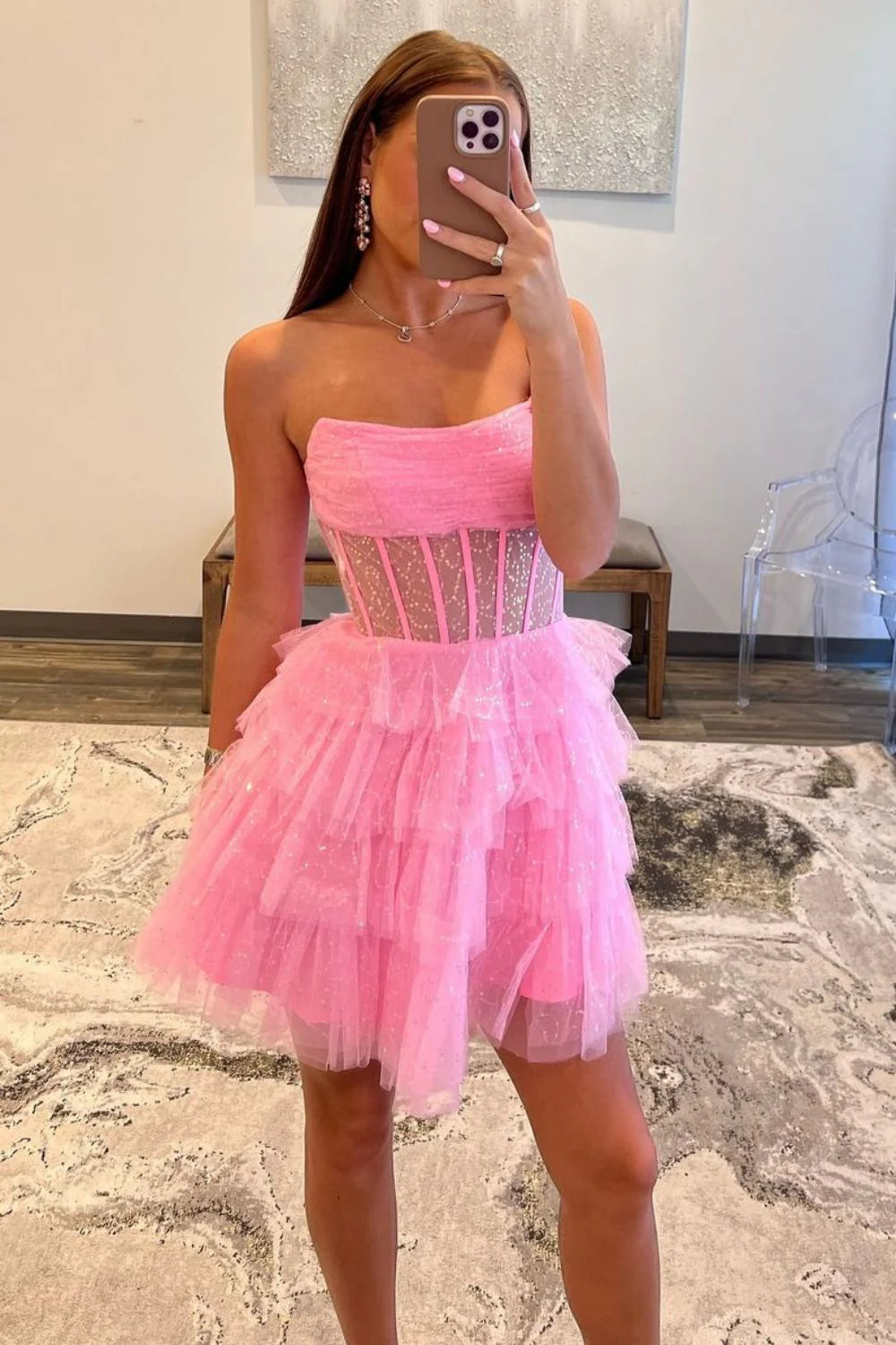 Pretty A-Line Strapless Sequins Tiered Tulle Pink Short Homecoming Dress
