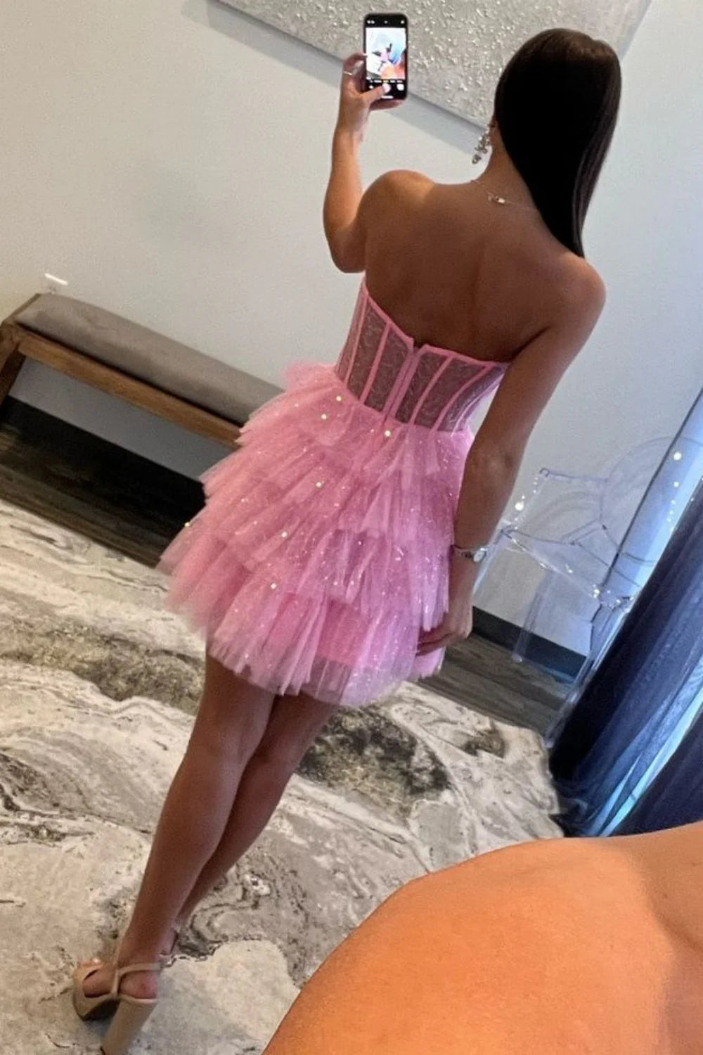 Pretty A-Line Strapless Sequins Tiered Tulle Pink Short Homecoming Dress