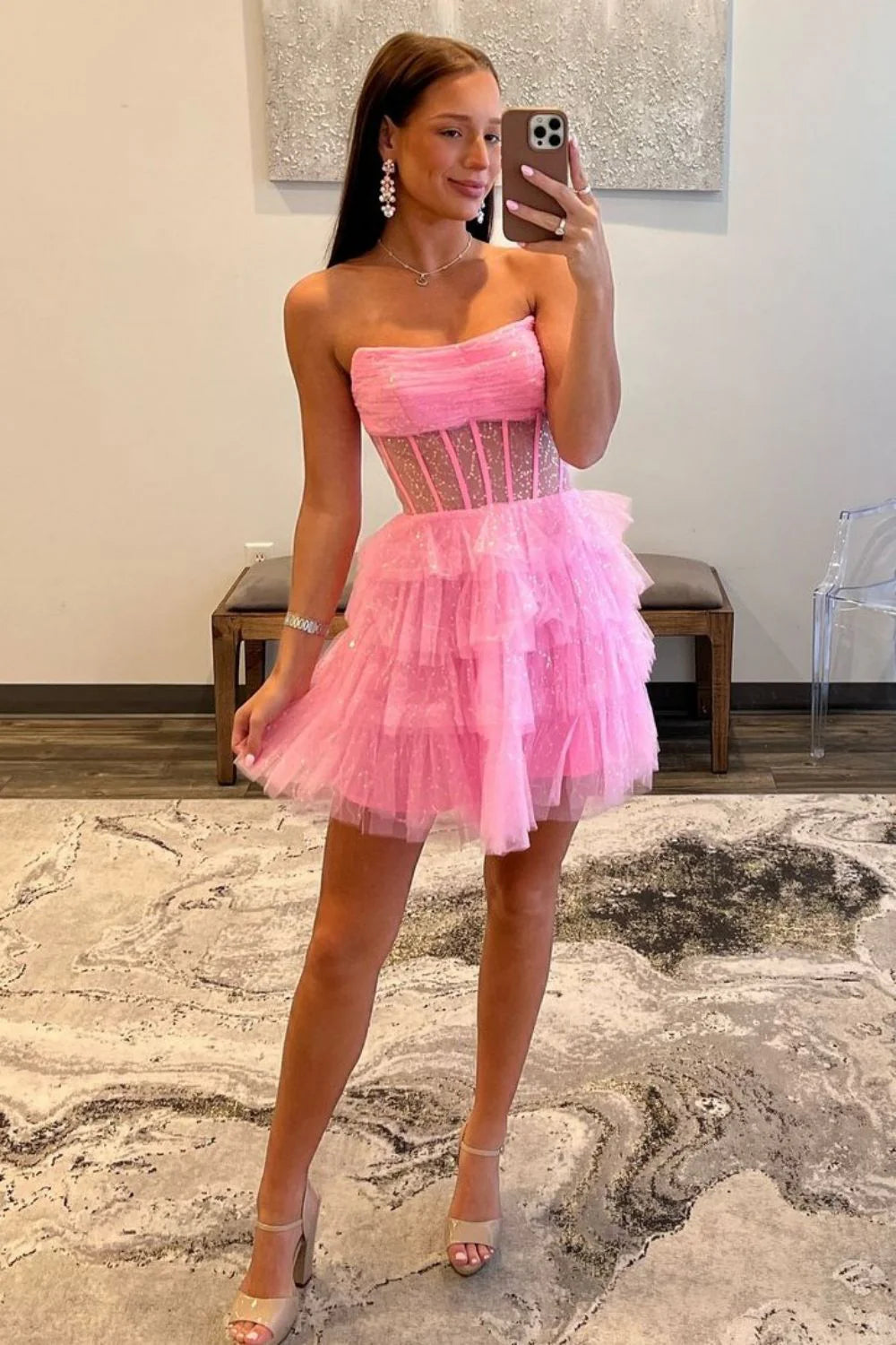 Pretty A-Line Strapless Sequins Tiered Tulle Pink Short Homecoming Dress