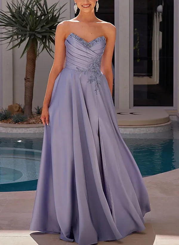 Pretty A-Line Sweetheart Beaded High Slit Satin Lavender Floor-Length Prom Dress