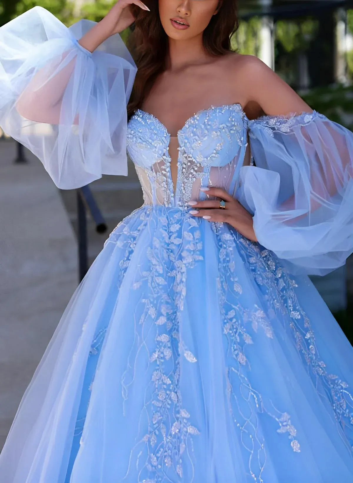 Pretty A-Line Sweetheart Puff Sleeve Lace Applique Tulle Light Blue Floor-Length Prom Dress