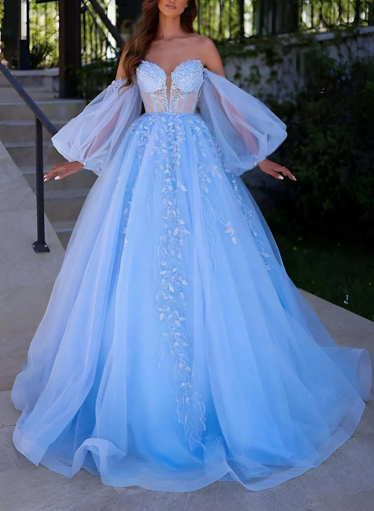 Pretty A-Line Sweetheart Puff Sleeve Lace Applique Tulle Light Blue Floor-Length Prom Dress