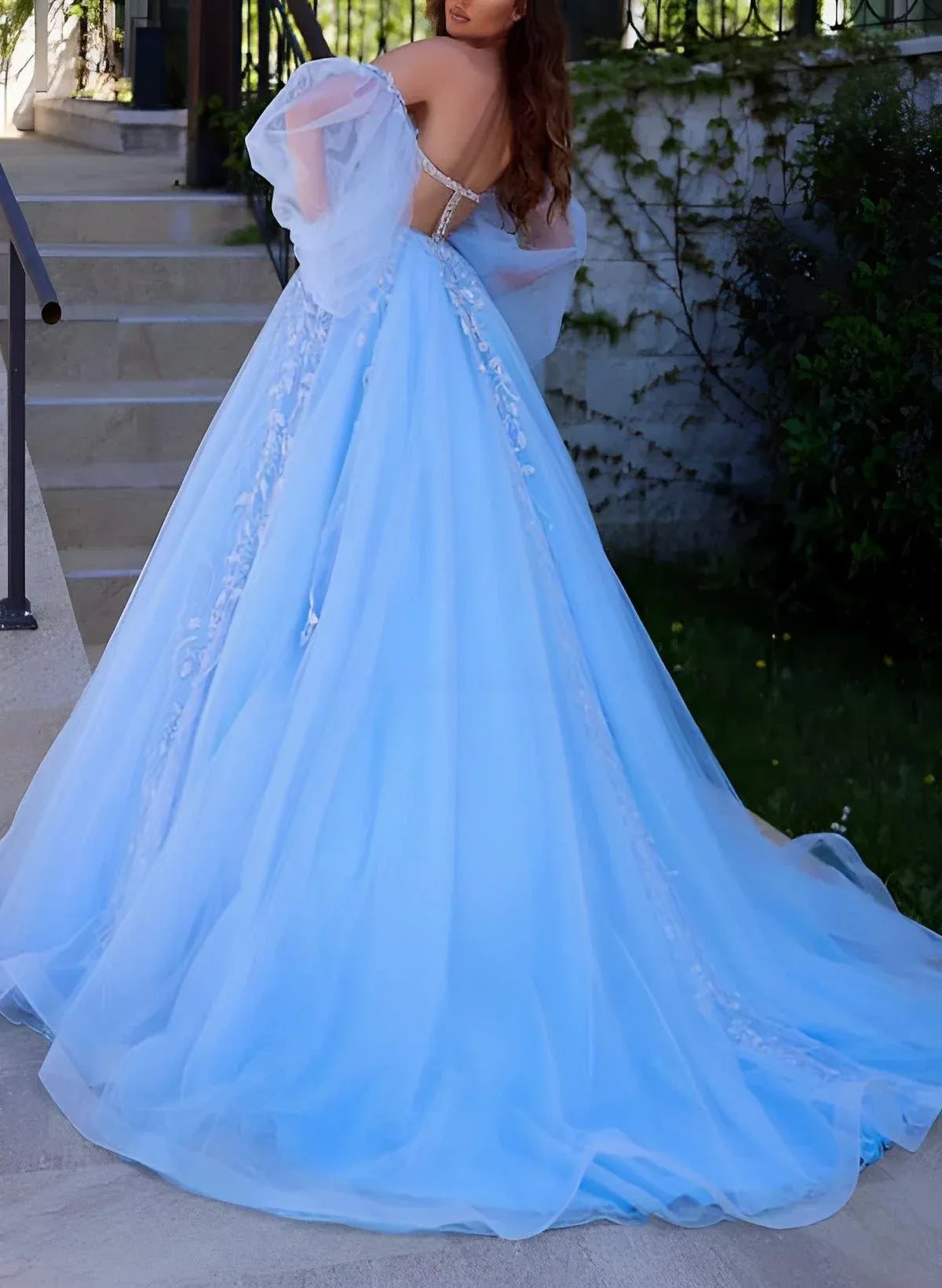 Pretty A-Line Sweetheart Puff Sleeve Lace Applique Tulle Light Blue Floor-Length Prom Dress