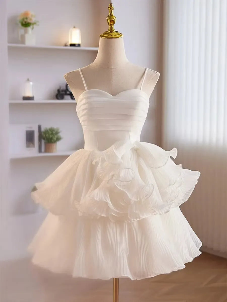 Pretty A-Line Sweetheart Spaghetti Strap Pleated Tiered White Short Homecoming Dress