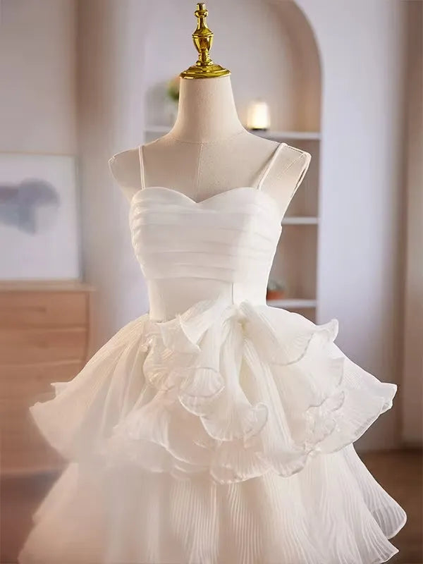 Pretty A-Line Sweetheart Spaghetti Strap Pleated Tiered White Short Homecoming Dress