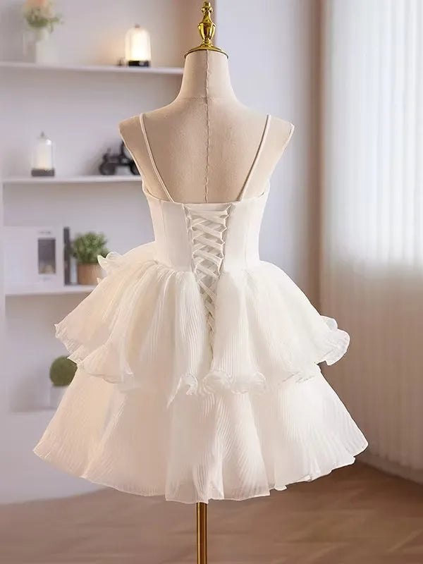 Pretty A-Line Sweetheart Spaghetti Strap Pleated Tiered White Short Homecoming Dress