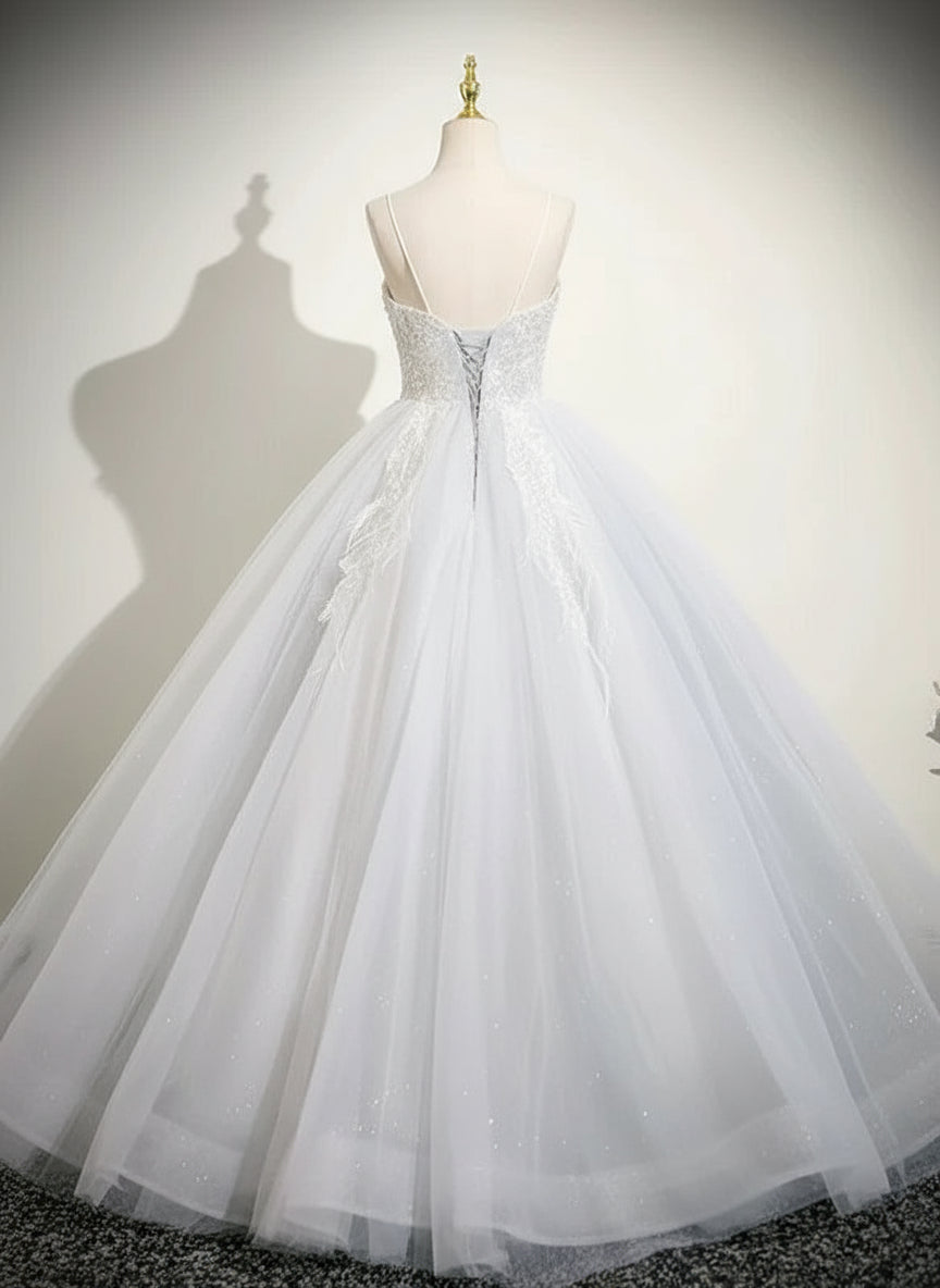 Pretty A-Line V-Neck Applique Tulle White Evening Dress Sweet 16 Dress