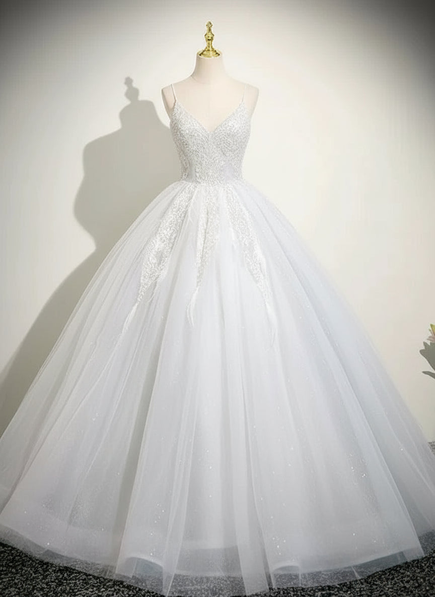 Pretty A-Line V-Neck Applique Tulle White Evening Dress Sweet 16 Dress