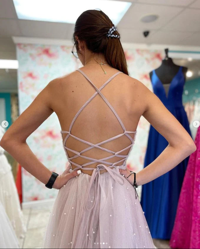 Pretty A-Line V-Neck Sequins Beaded Prom Dress With Side Slit