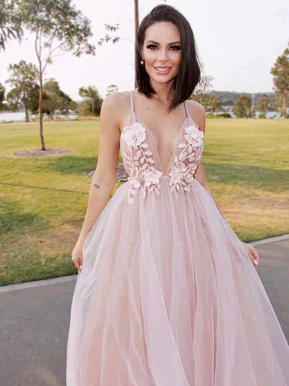 Pretty A-Line V-neck Flower Tulle Brush Floor Length Prom Dress