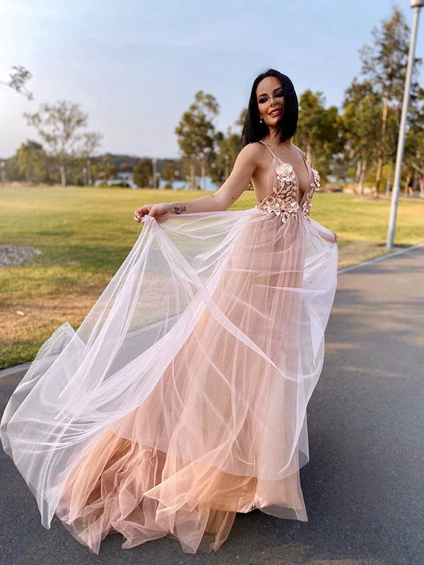 Pretty A-Line V-neck Flower Tulle Brush Floor Length Prom Dress