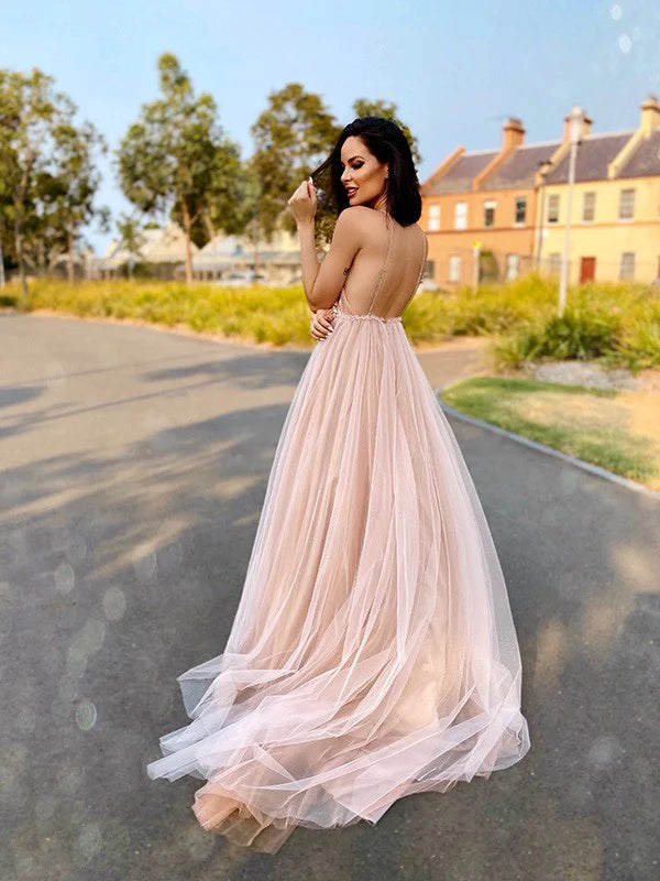 Pretty A-Line V-neck Flower Tulle Brush Floor Length Prom Dress