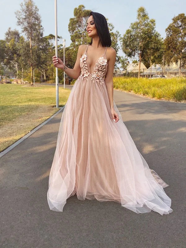 Pretty A-Line V-neck Flower Tulle Brush Floor Length Prom Dress