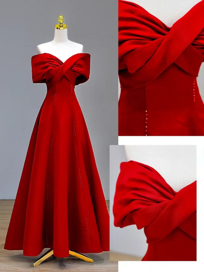 Pretty A-line Off The Shoulder Beaded Satin Red Prom Dress Evening Dress