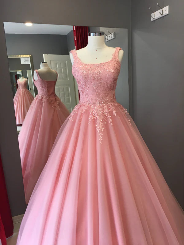Pretty A-line Square Neck Appliques Tulle Lace Pink Long Prom Dress