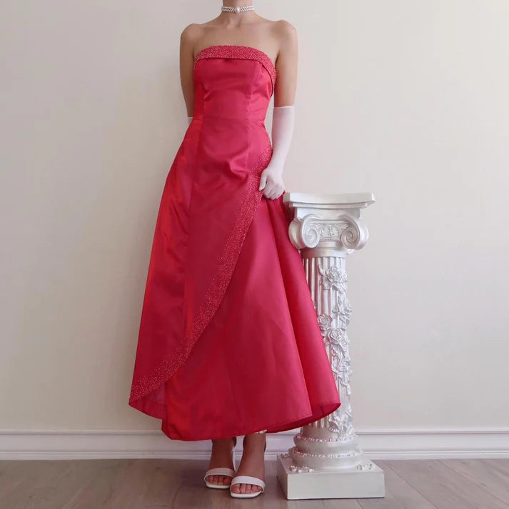 Pretty A-line Strapless Beaded Satin Dark Pink Long Party Dress For Women
