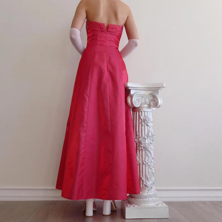 Pretty A-line Strapless Beaded Satin Dark Pink Long Party Dress For Women