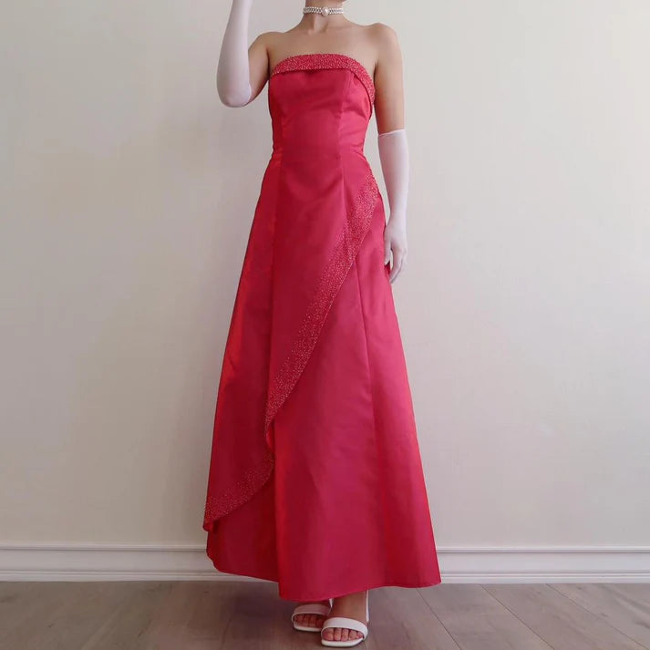 Pretty A-line Strapless Beaded Satin Dark Pink Long Party Dress For Women