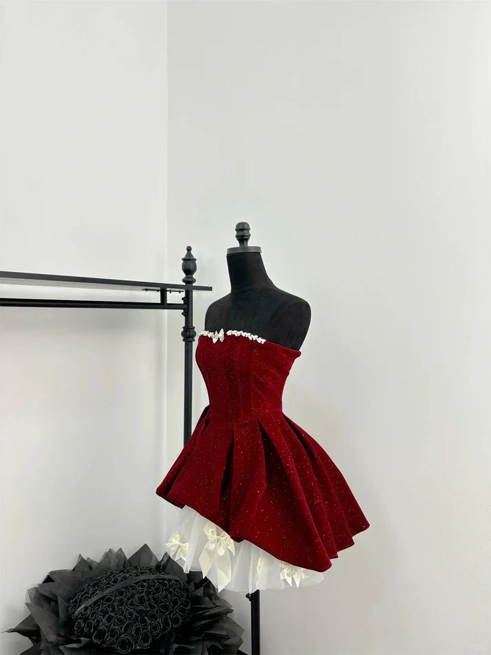 Pretty A-line Strapless Beaded Velvet Red Short Party Dress With Bow