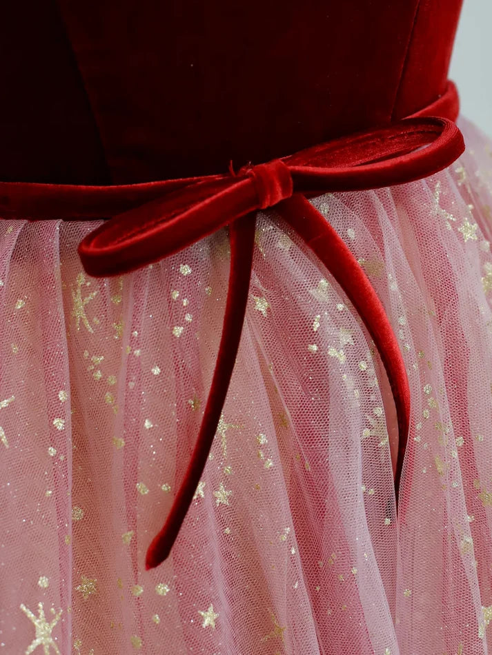Pretty A-line Sweetheart Short Sleeve Velvet Tulle Pink Prom Dress Evening Dress