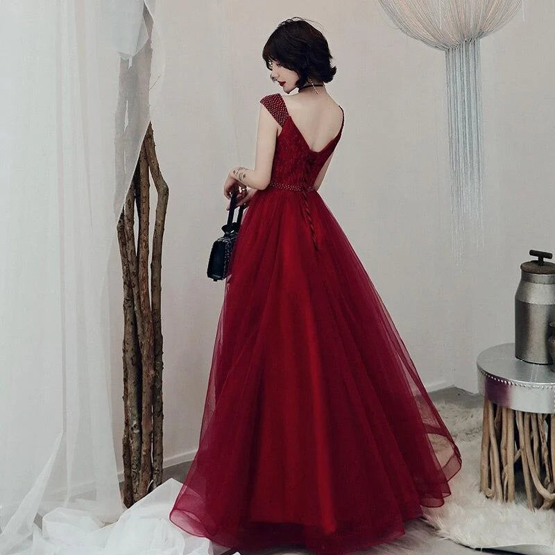 Pretty A-line V-Neck Floral Beaded Tulle Wine Full Length Prom Dress