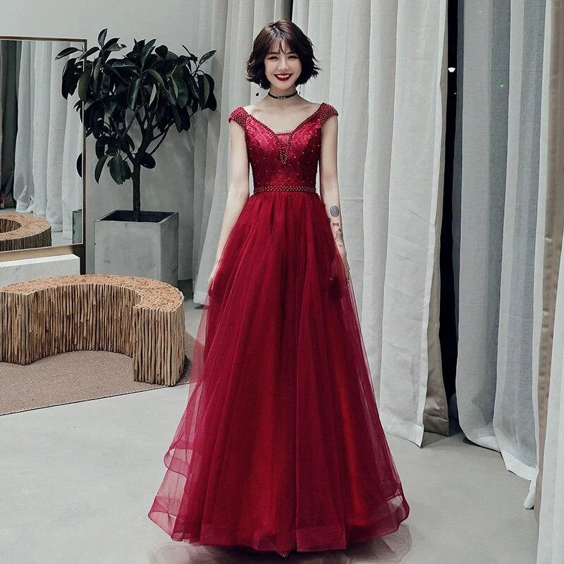 Pretty A-line V-Neck Floral Beaded Tulle Wine Full Length Prom Dress