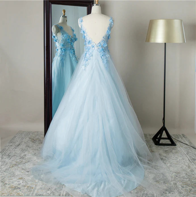 Pretty A-line V Neck Applique Tulle Blue Prom Dress Evening Dress