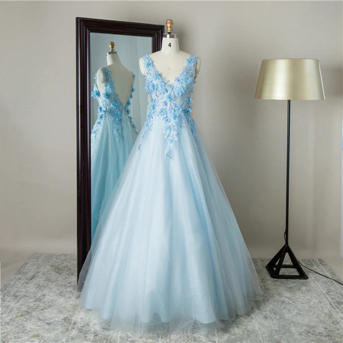 Pretty A-line V Neck Applique Tulle Blue Prom Dress Evening Dress