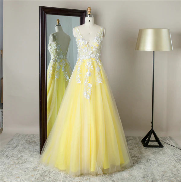 Pretty A-line V Neck Applique Tulle Yellow Prom Dress Evening Dress