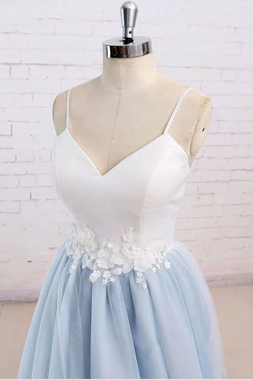 Pretty A-line V Neck Baby Blue Long Prom Dress Evening Dress With Applique