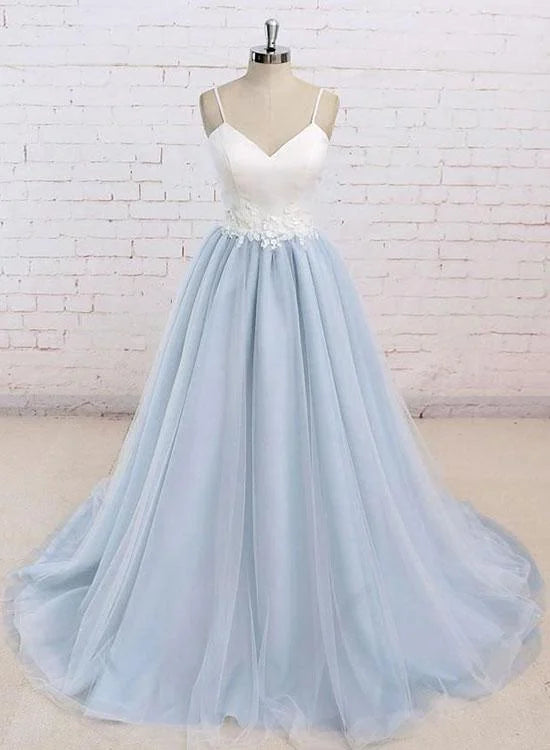 Pretty A-line V Neck Baby Blue Long Prom Dress Evening Dress With Applique