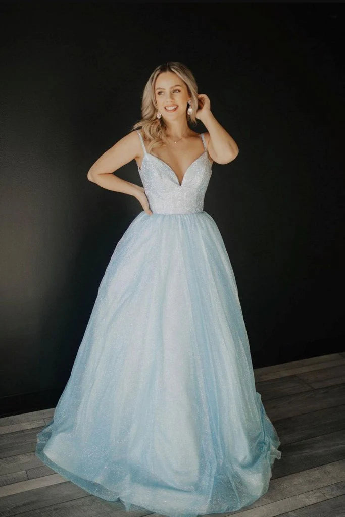 Pretty A-line V Neck Beaded Tulle Blue Floor Length Prom Dress