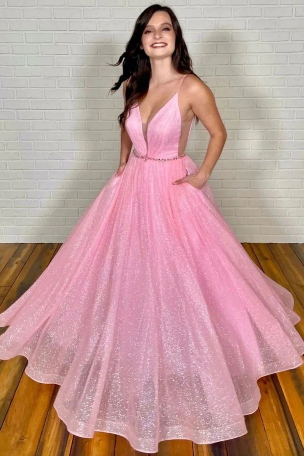 Pretty A Line Deep V Neck Cutout Pink Long Prom Dress With Beading