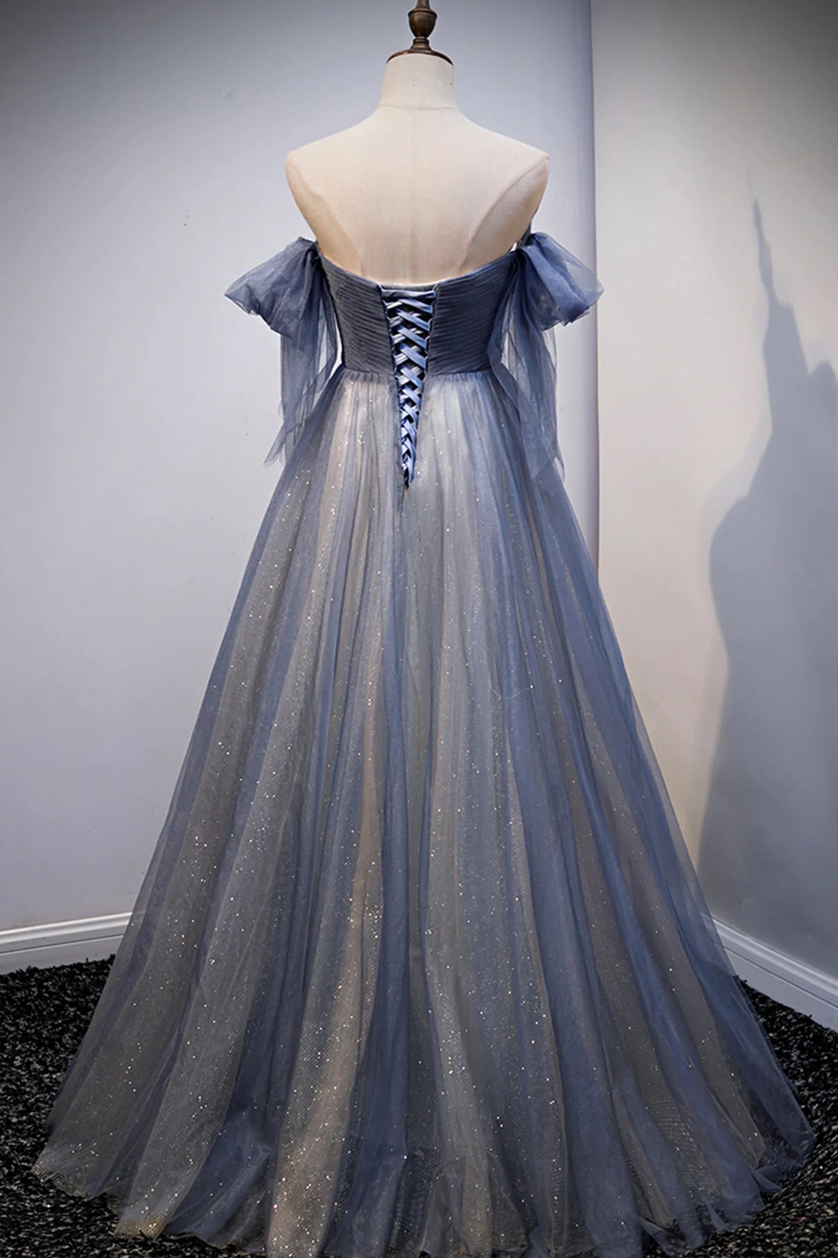 Pretty A Line Off-the-Shoulder Applique Tulle Blue Long Prom Dress