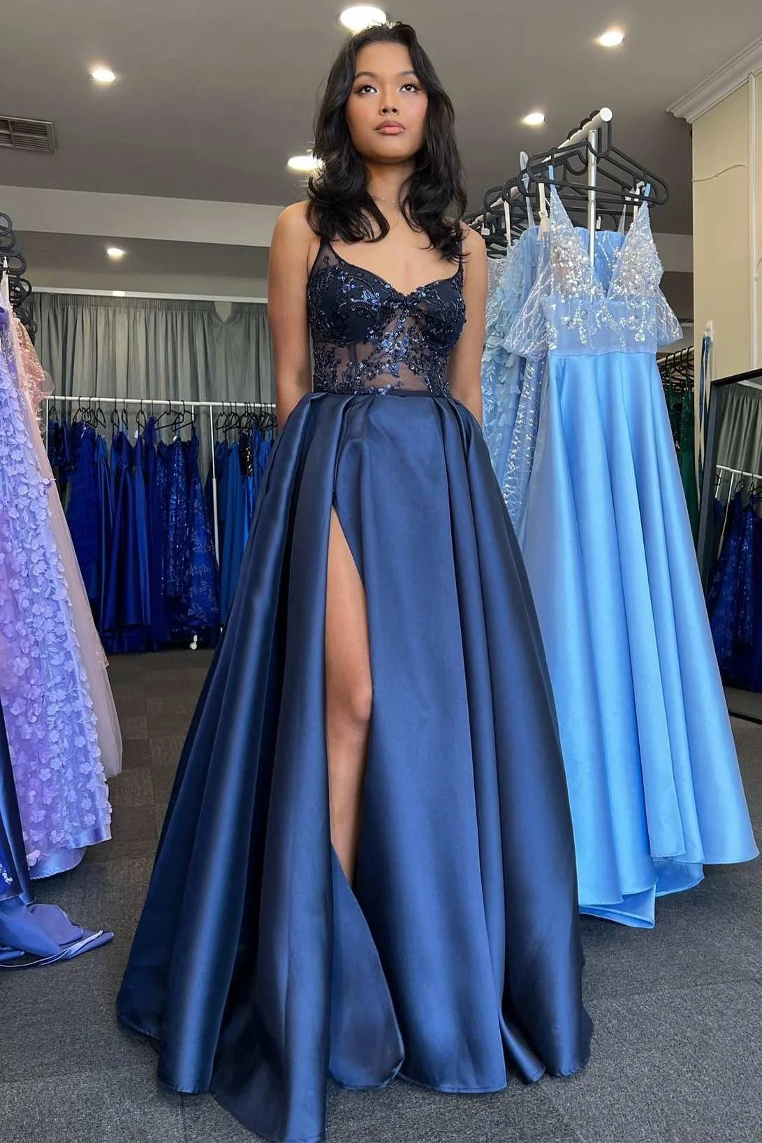 Pretty A Line Spaghetti Strap Sleeveless Lace Up Floor-Length Prom Dresses