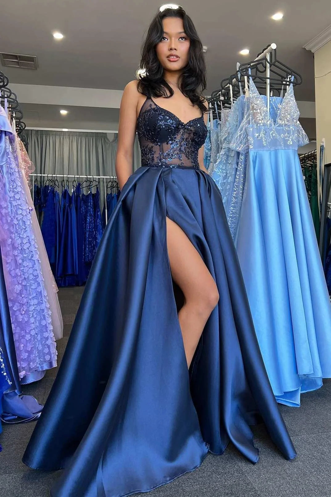 Pretty A Line Spaghetti Strap Sleeveless Lace Up Floor-Length Prom Dresses