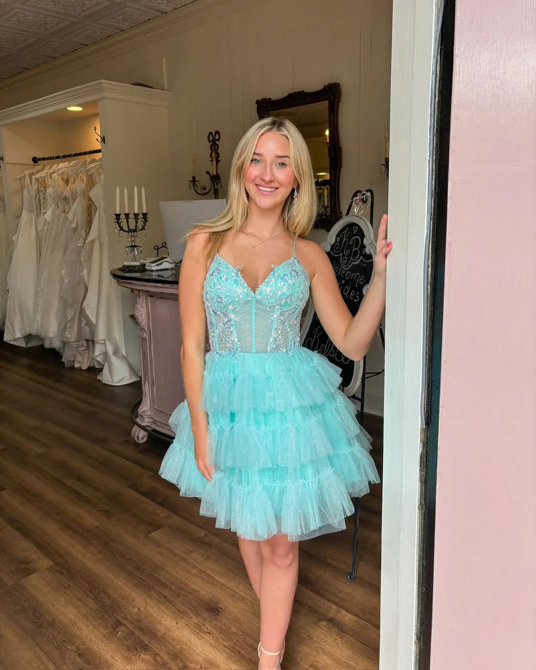 Pretty A Line Spaghetti Straps Corset Appliques Blue Short Homecoming Dress