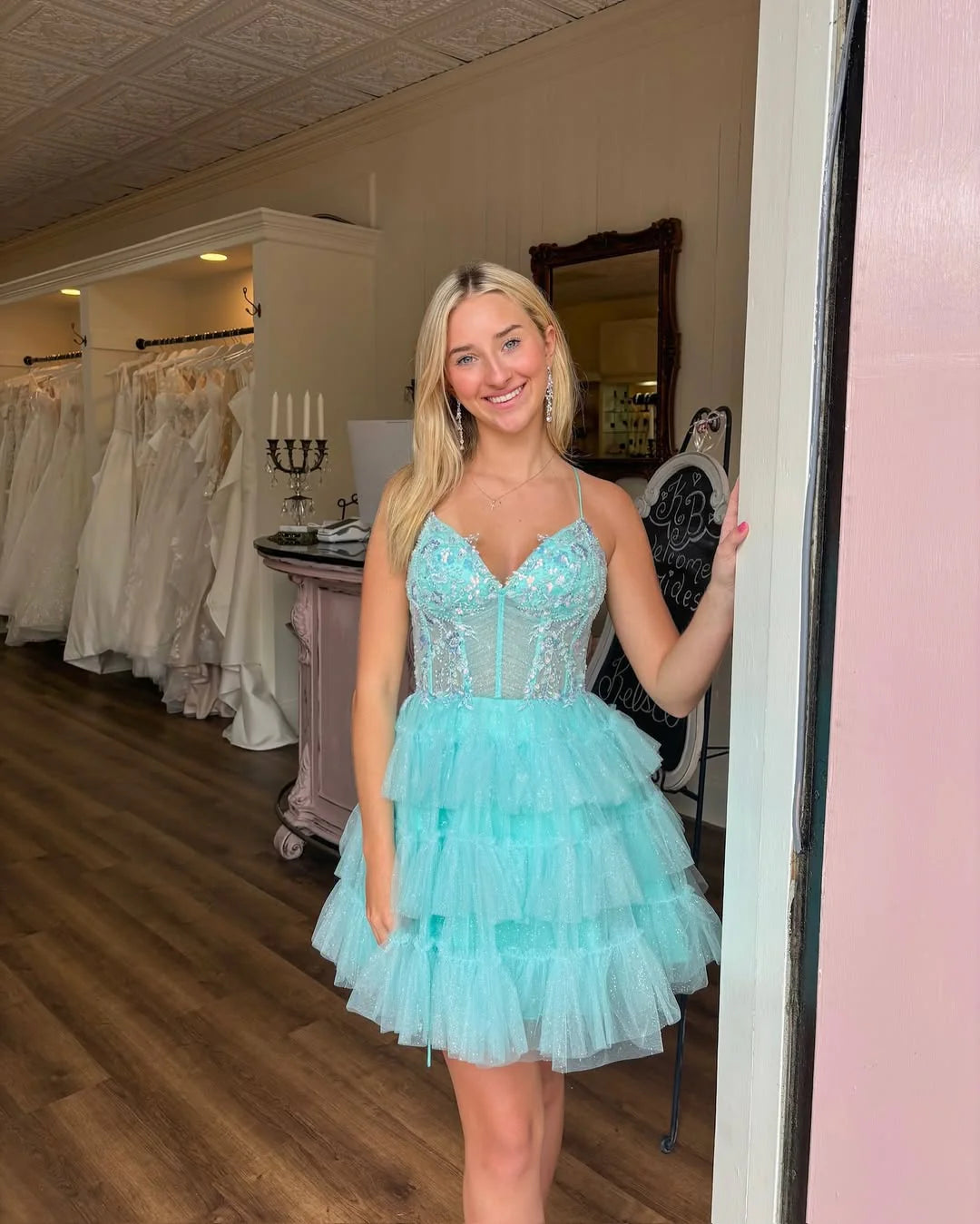Pretty A Line Spaghetti Straps Corset Appliques Blue Short Homecoming Dress