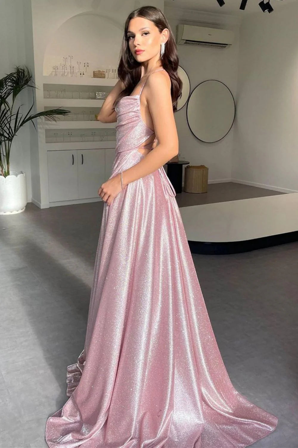 Pretty A Line Spaghetti Straps Pleated Pink Long Prom Dress With Split