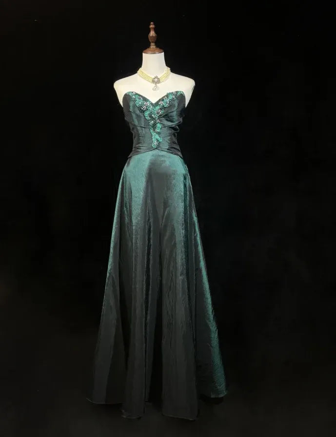 Pretty A Line Strapless Beaded Appliques Satin Dark Green Long Prom Dress