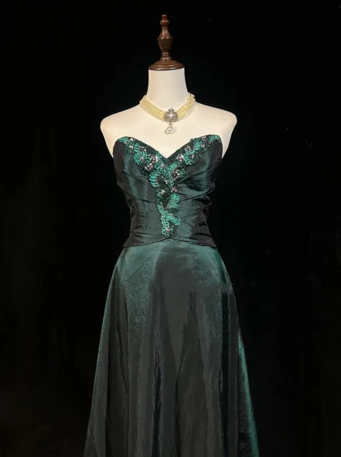 Pretty A Line Strapless Beaded Appliques Satin Dark Green Long Prom Dress
